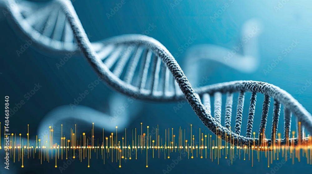Poster a close-up digital illustration of a dna double helix with data visualization elements on a blue bac