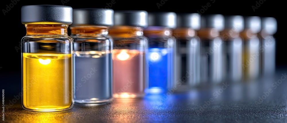 Poster a row of glass vials filled with brightly colored liquids arranged in a gradient on a dark surface.