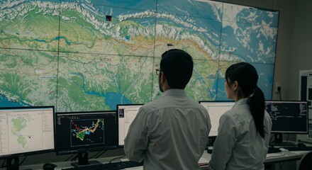 Rear view of an Asian man and woman, colleagues in a high-tech control room, analyzing geographical data on a large digital map display and multiple computer monitors.