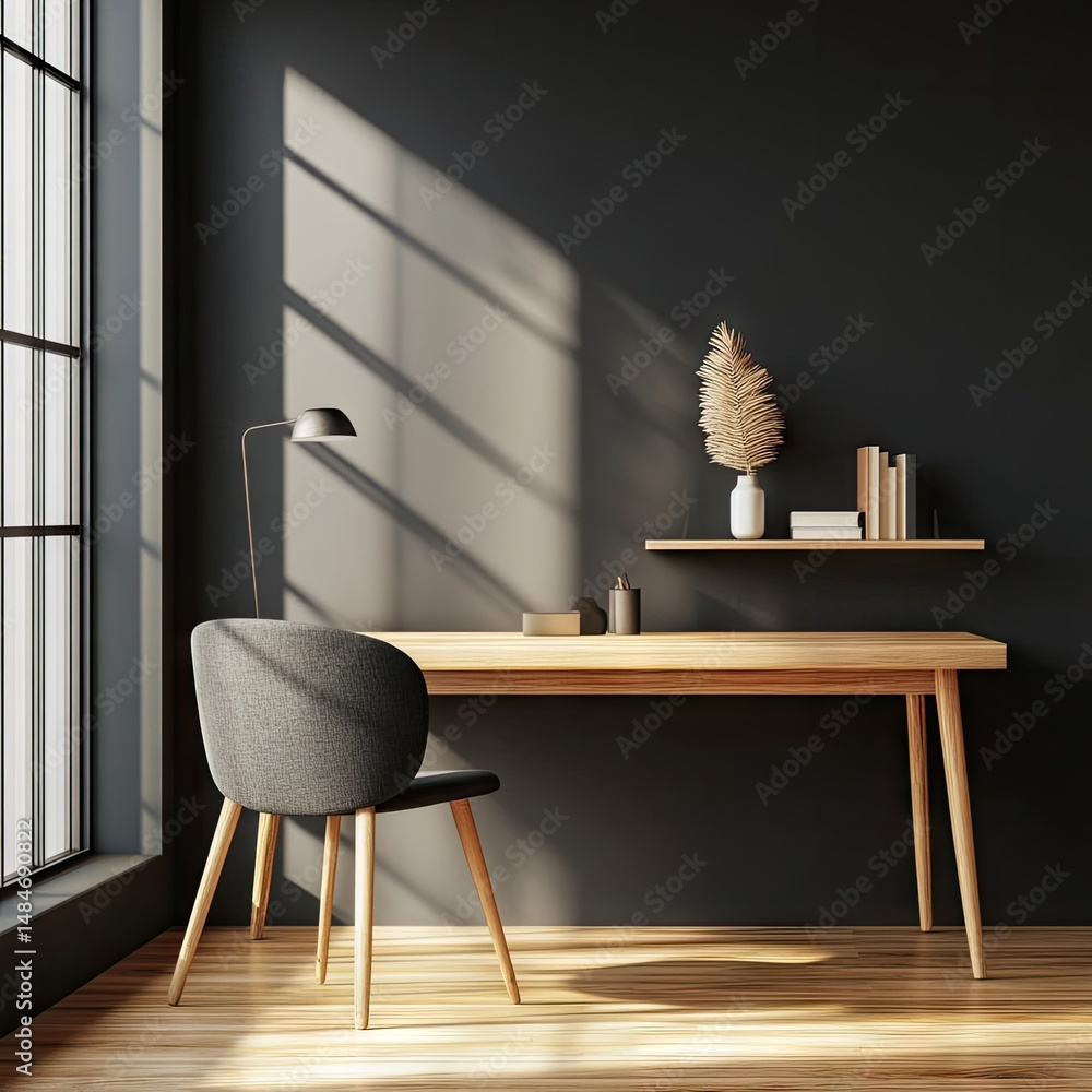 Poster A modern minimalist workspace featuring a wooden desk with a chair. illuminated by soft light from a lamp. against a dark wall with shadows and a shelf. creating a serene atmosphere