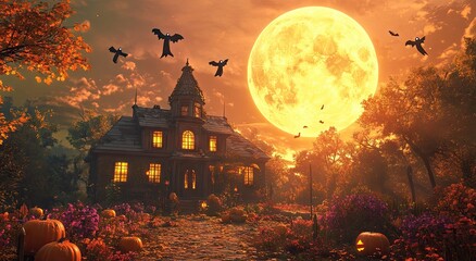 A hauntingly beautiful old house silhouetted against a massive orange moon. surrounded by a dark sky filled with bats. evoking an eerie yet captivating atmosphere perfect for Halloween themes