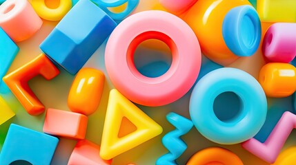 A vibrant arrangement of colorful geometric shapes scattered on a light blue background. creating a playful atmosphere suitable for educational or design purposes