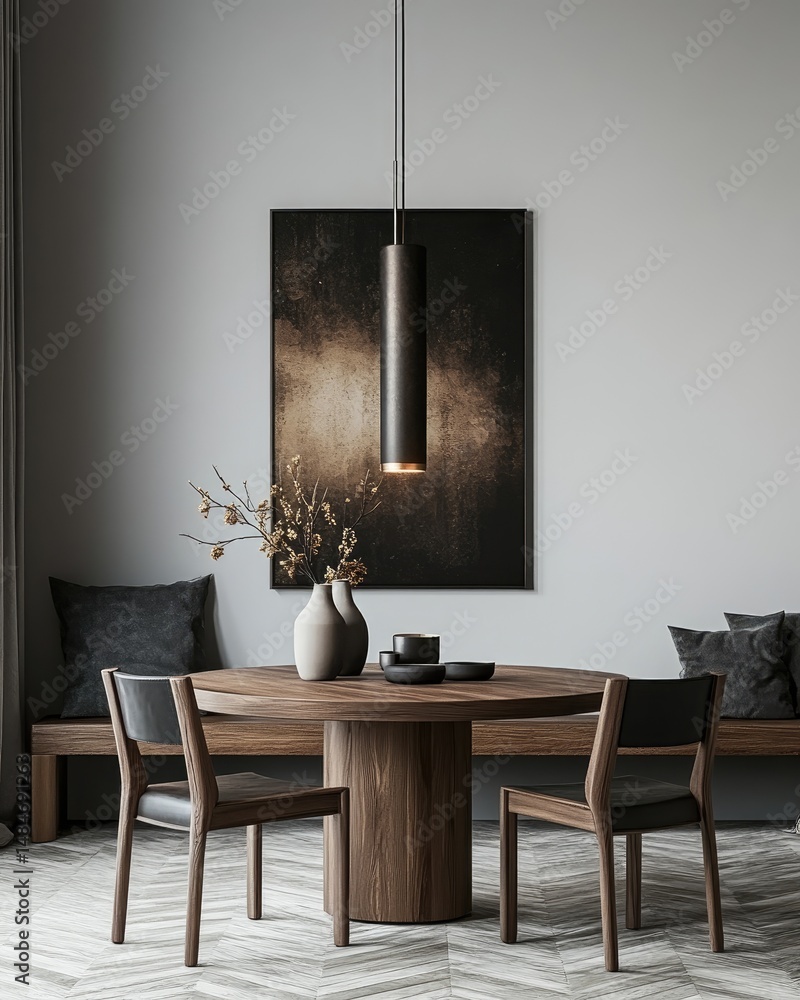 Poster a modern dining area featuring a stylish round table surrounded by elegant chairs. adorned with deco