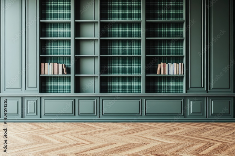 Poster a dimly lit library featuring dark wooden shelves filled with an array of books. creating a cozy and