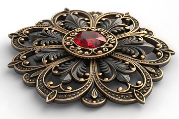 Ornamental emblem features a ruby gemstone in a golden filigree with a black metallic background