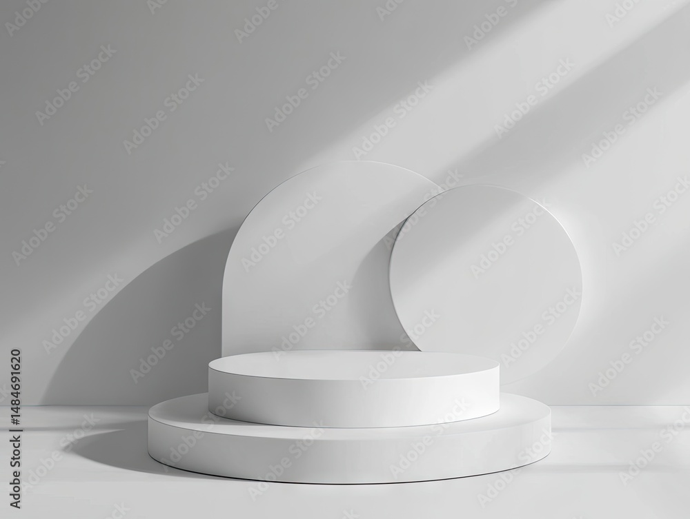 Poster a minimalist display featuring three white circular podiums of varying heights. illuminated by soft 