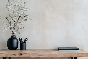 A minimalist workspace featuring a wooden desk with a black speaker and a decorative vase holding green leaves. illuminated by soft sunlight casting shadows on the wall