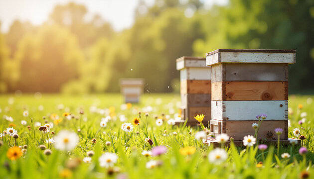 Langstroth beehives in blooming meadow under sunny afternoon light, nature's harmony