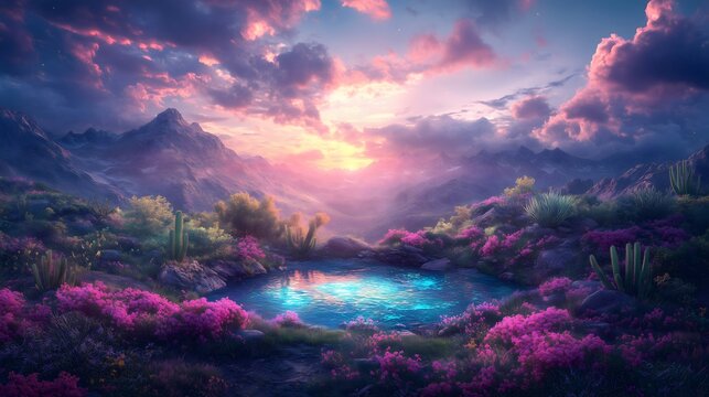 Exploring the serene beauty of a glowing turquoise lake nestled in a desert canyon at sunset