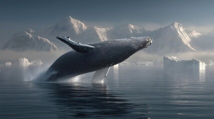 Naklejka premium Humpback whale breaching against icy backdrop in the Antarctic Ocean during early morning light