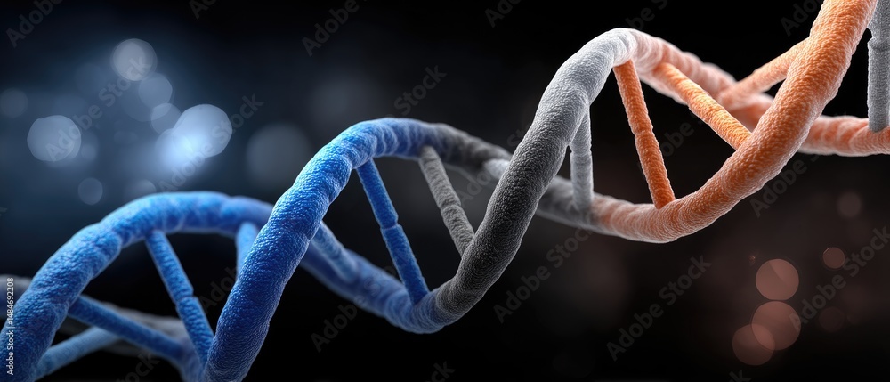 Poster a close-up, colorful 3d rendering of a dna double helix, illustrating genetic structure and molecula