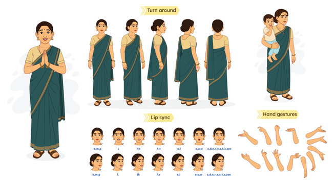 An Indian Woman Character Constructor. Indian Woman creation Set. Indian Woman Character Model Sheet with Lip Sync, Hand Gestures, and Saree Outfit | 2D Animation Design. Indian Woman in Saree.