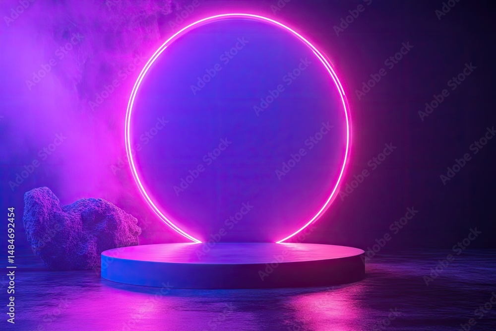 Poster a vibrant. illuminated circular neon light hovering above a sleek platform in a dark room. creating 