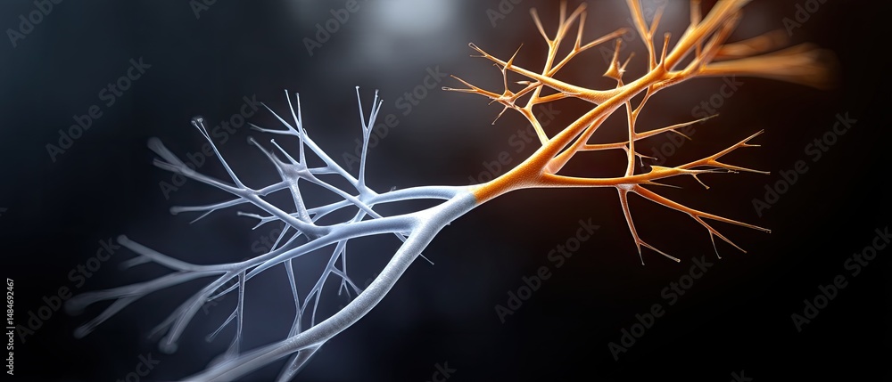 Poster abstract illustration of branching neural or biological structures, with cool and warm color gradien