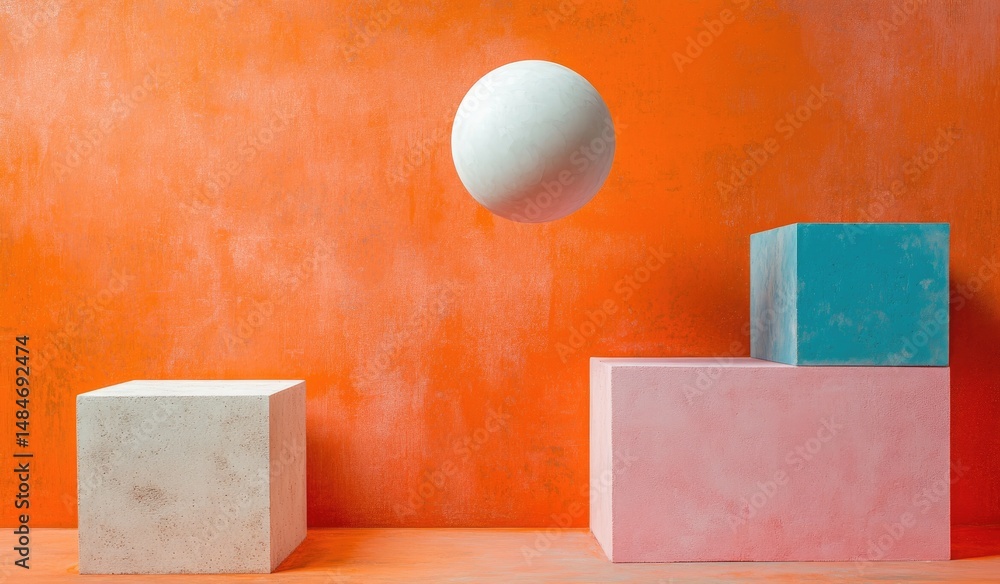 Aufkleber a vibrant orange background features colorful geometric blocks in pink and teal. with a white sphere