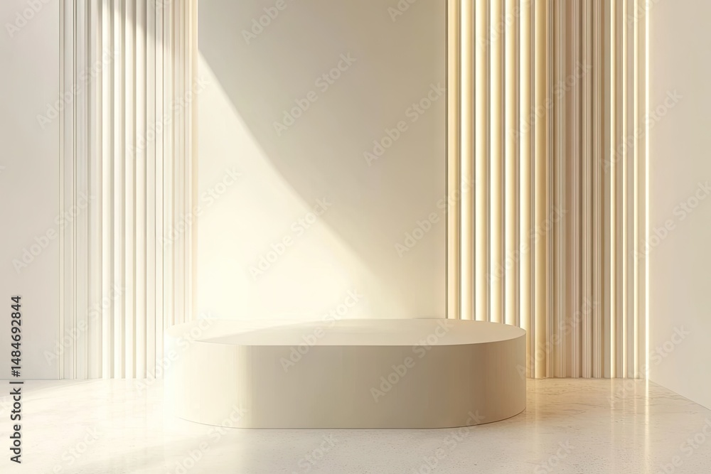 Poster a minimalistic white interior featuring a square light panel surrounded by marble columns and spheri