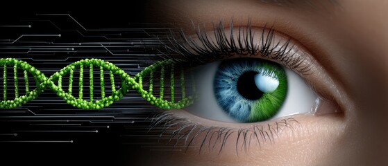 Close-up of a human eye with digital circuits and a DNA strand, symbolizing genetic science and biotechnology.