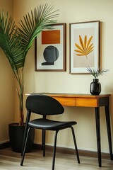 A modern interior scene featuring a stylish wooden desk with a black chair. adorned with a vase of greenery. framed botanical art on the wall. and a serene ambiance