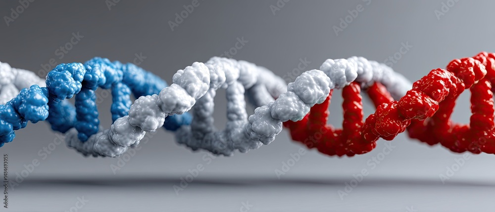 Poster a 3d rendering of a dna double helix with segments colored blue, white, and red on a gray background