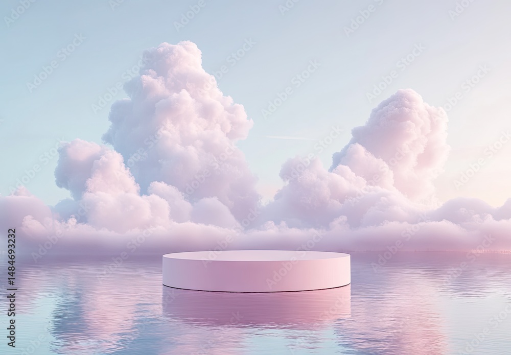 Poster a serene sunset scene featuring a circular platform floating on calm waters. surrounded by soft pink