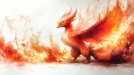 Fiery phoenix in vibrant colors, surrounded by flames