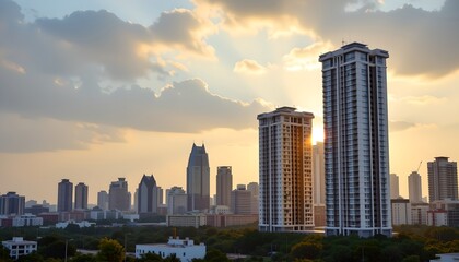 Fototapeta premium Cityscape with new buildings rising on the horizon under a bright blue sky at dawn