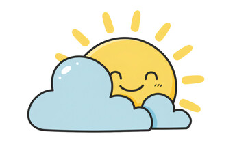 幸せそうな太陽が雲の後ろから顔を出す漫画イラスト 透明な背景に浮かぶ晴れた日の天気と明るいデザイン