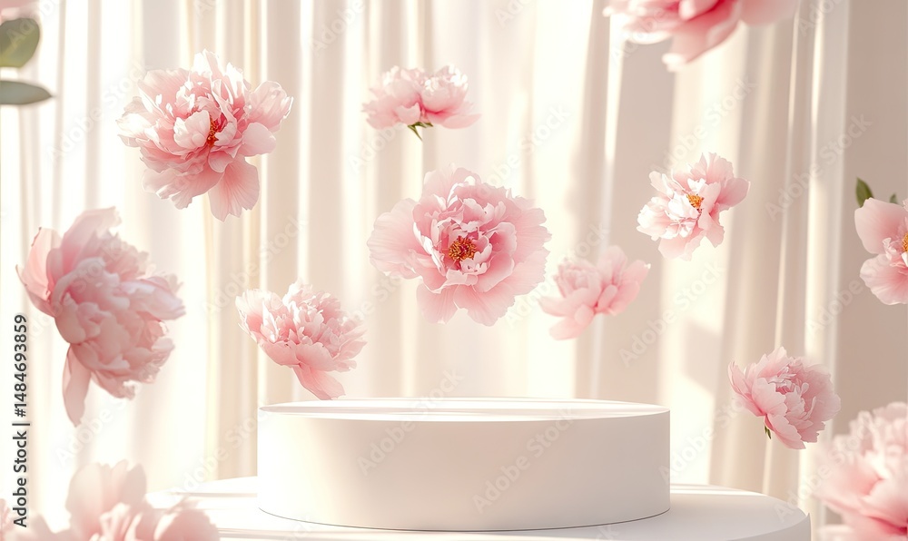 Poster a serene display featuring floating pink peonies against a backdrop of soft white drapery. creating 