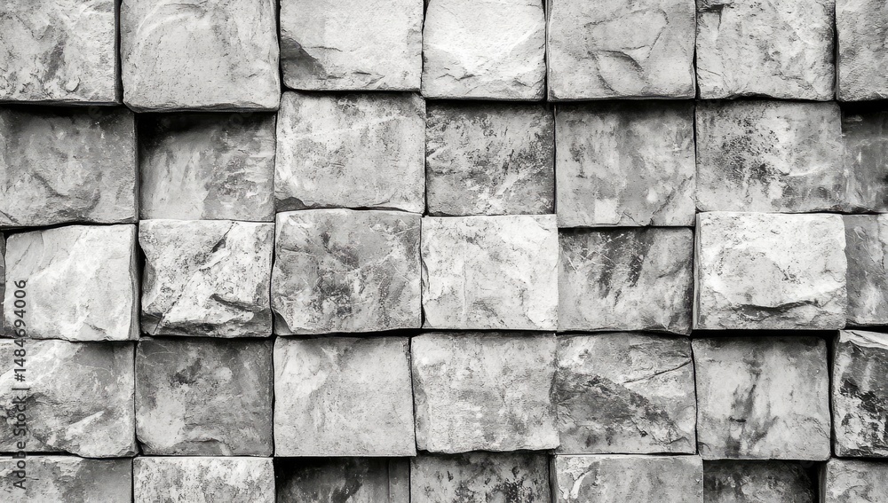 Poster a close-up view of a textured stone wall composed of weathered gray and orange bricks. showcasing th