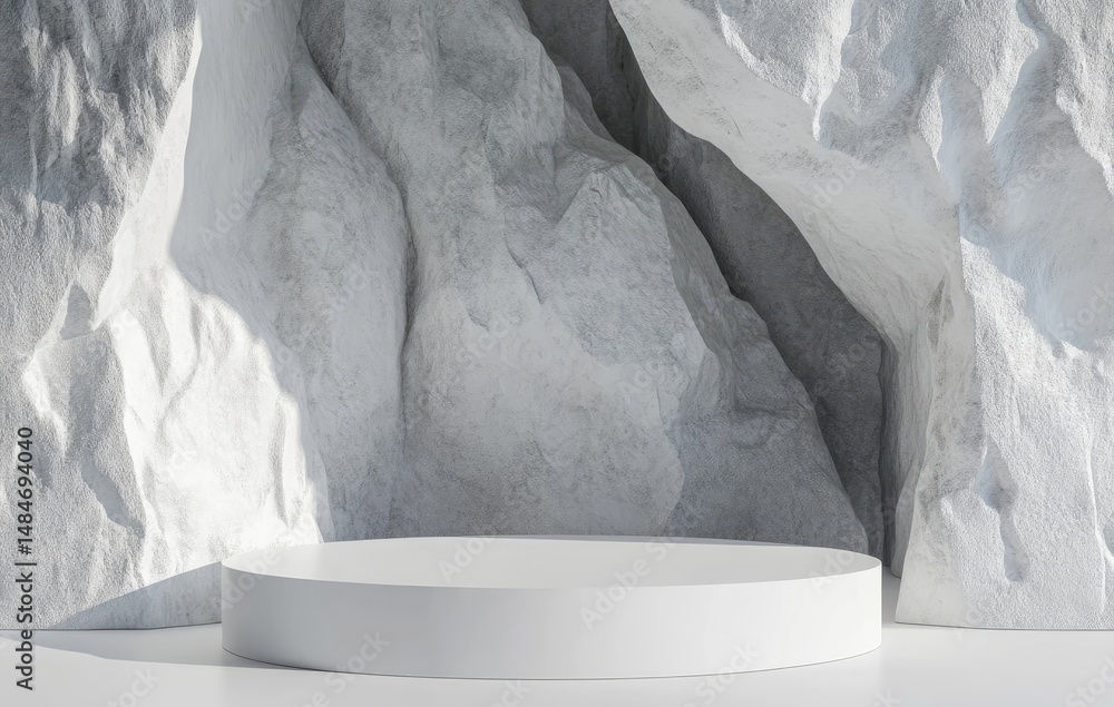 Poster a minimalist display platform surrounded by natural rock formations. set in a serene environment. id