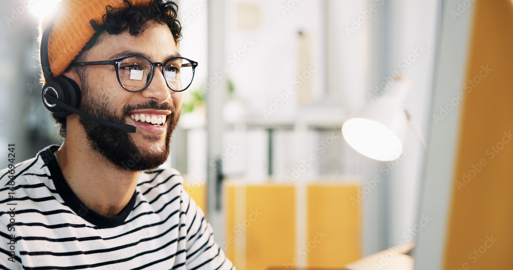 Poster happy, agent and man with headset, call center and communication with microphone and customer servic