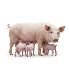White mother pig standing with her four piglets, isolated on a clean white background. A natural and endearing portrayal of farm animal life., pink pig on white background
