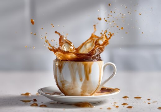 Dramatic coffee splash in a white cup.