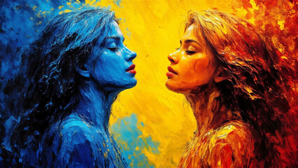 Vibrant artistic representation of bipolar disorder, contrasting colors symbolize the emotional highs and lows. Ideal for mental health awareness, art projects, and creative expression.