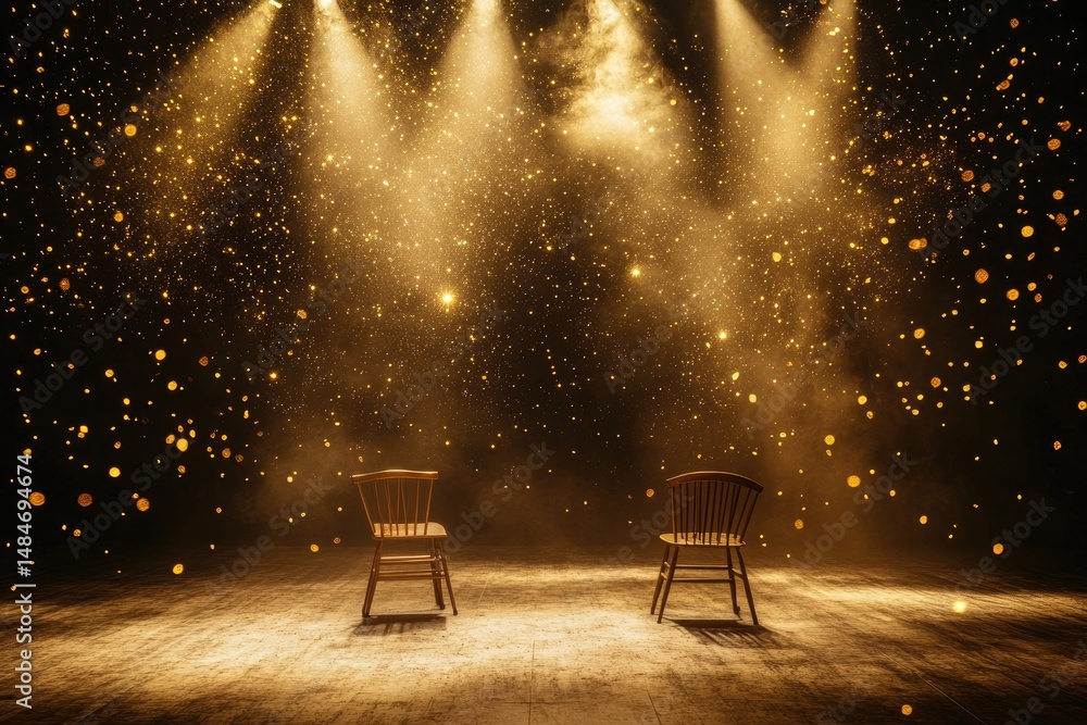 Poster two elegant vintage chairs illuminated by golden rays of light. surrounded by shimmering particles. 