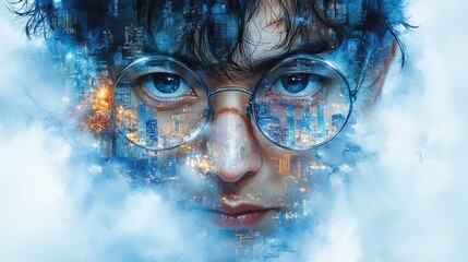 A young person's face, with a city reflected in their eyes, surrounded by a smoky haze