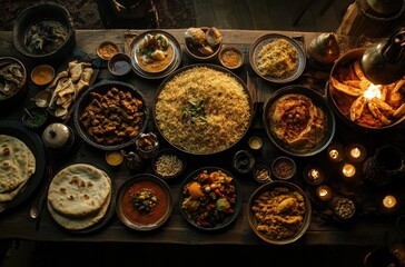 A feast of diverse dishes on a rustic table