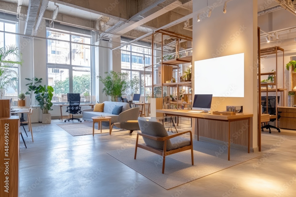Poster modern office interior featuring a spacious workspace with a large desk. comfortable chairs. and lar