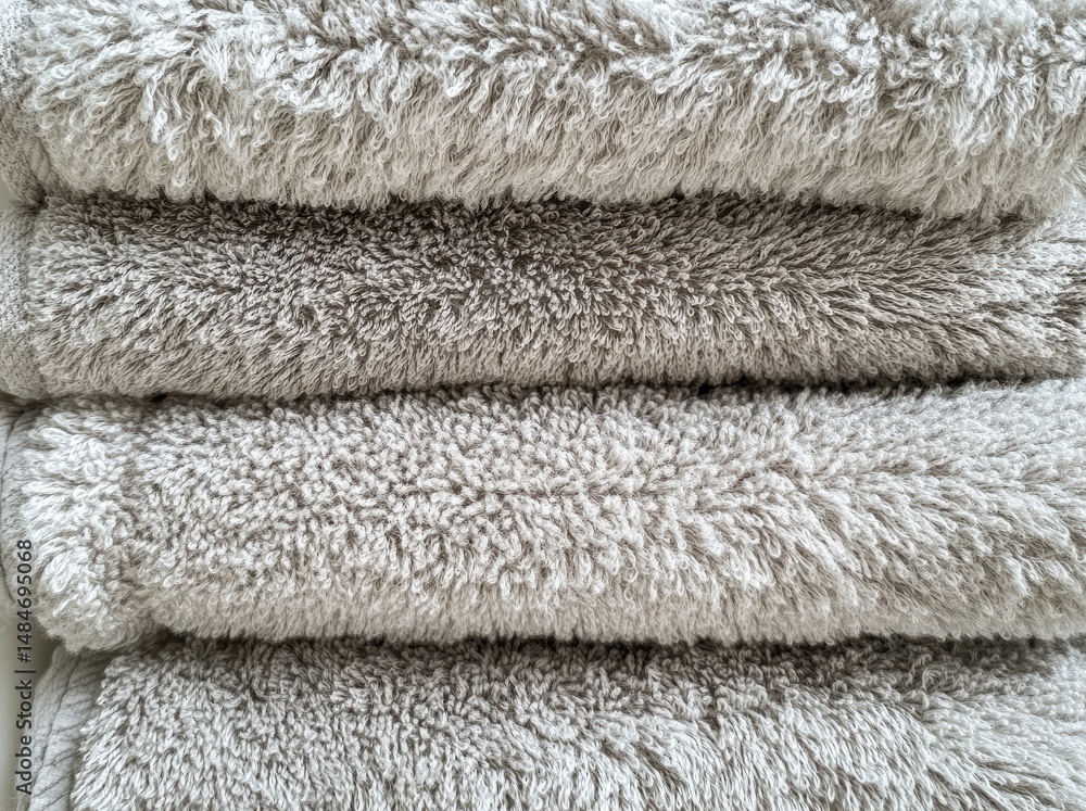 Poster a neatly stacked arrangement of soft. gray towels showcasing their plush texture. perfect for a spa 