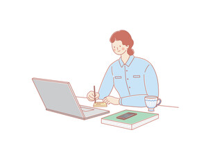 Business woman working on laptop at desk, office work vector