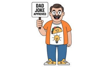 Flat-style humorous illustration of a smiling dad with quirky elements representing classic dad jokes on white background in PNG format