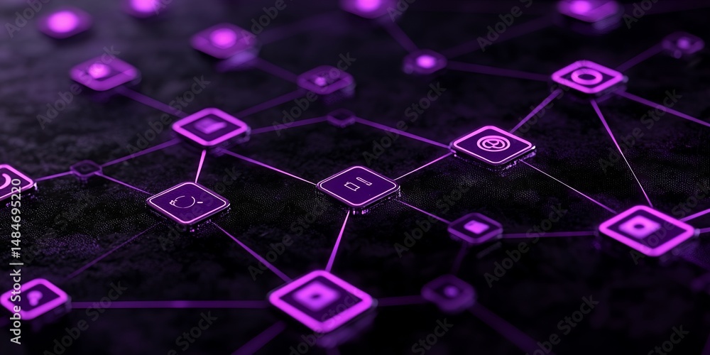 Poster abstract network data connection technology digital network global communication purple glowing node