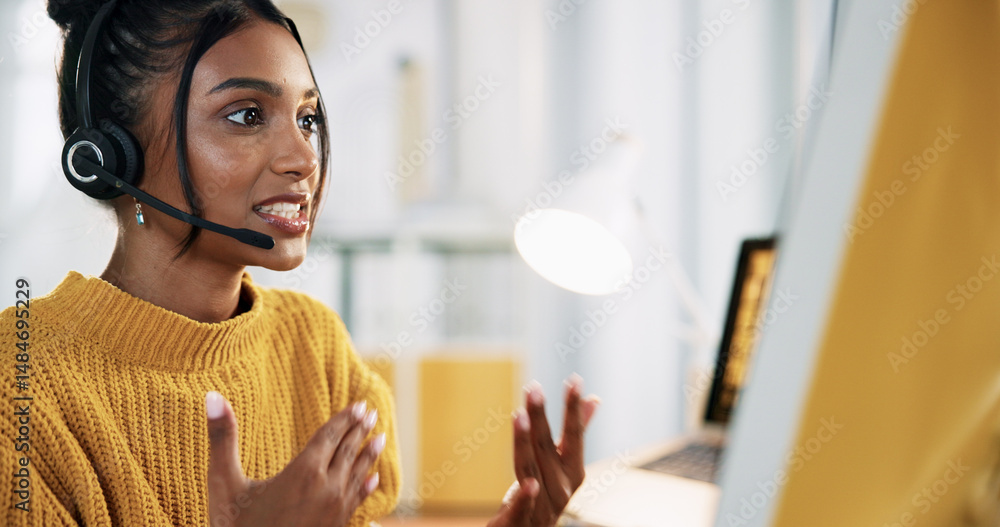 Poster call center, representative and woman with headset, talking and explaining product to contact and on