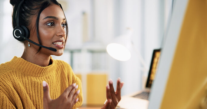 Call center, representative and woman with headset, talking and explaining product to contact and online. Customer service, agent and person with computer for order, communication and consultation