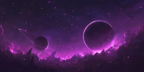 Stunning purple nebula landscape with two planets and stars A cosmic scene with vibrant colors and celestial bodies a perfect image for fantasy art science fiction and space exploration themes