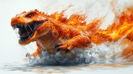 Fiery Dinosaur Emerging From Water