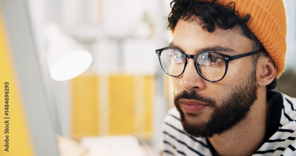 Aufkleber Glasses, computer and reading with business man in office for graphic designer, digital media project and research. Website branding, content review and report with person in startup for publication