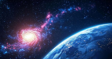 Obraz premium A cosmic scene illustrating the mesmerizing night view of our planet beneath a starry sky.