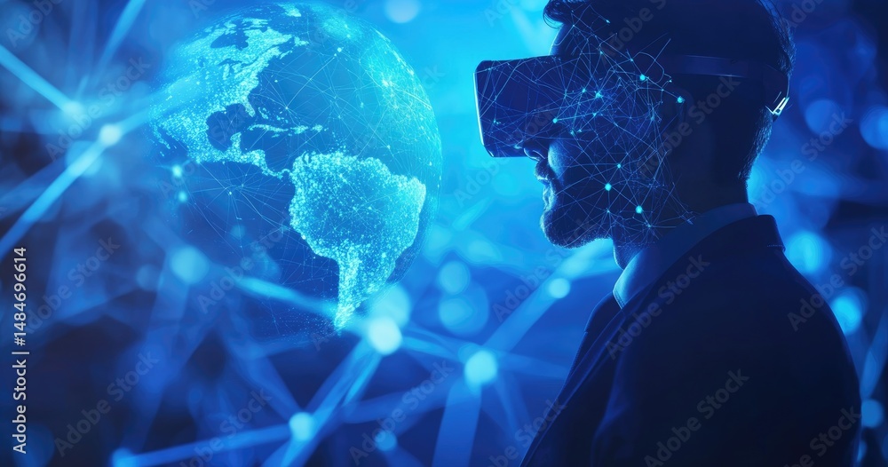 Poster a professional man wearing futuristic virtual reality glasses. immersed in a digital landscape fille