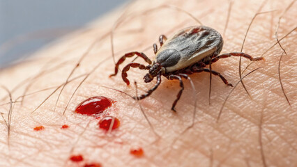 Obraz premium Close-up view of parasitic tick attached to human skin with visible blood droplets, concept of danger from insect bites and disease transmission risks.